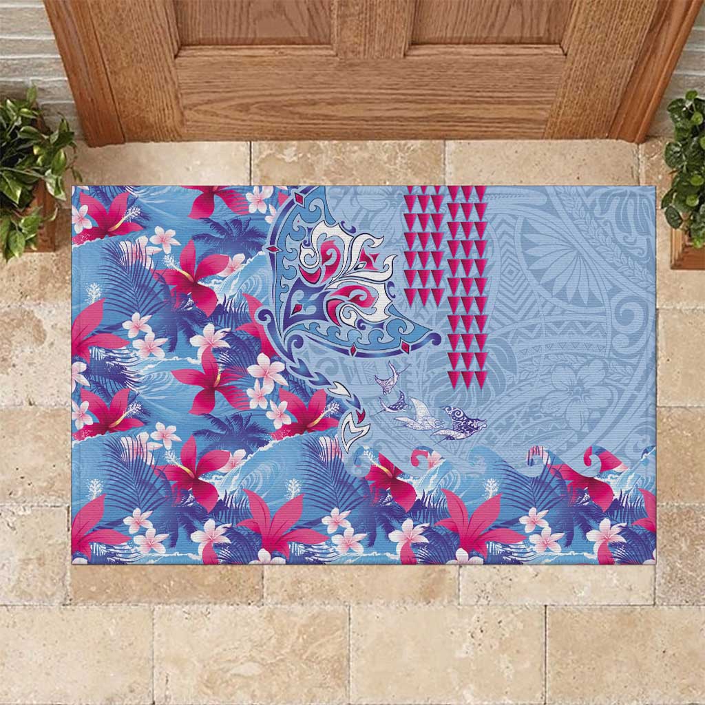 Hawaiian Tribal Manta Ray Rubber Doormat Kakau Tattoo and Flowers Surfing Waves Pattern Soft Color LT03 Multicolor - Polynesian Pride