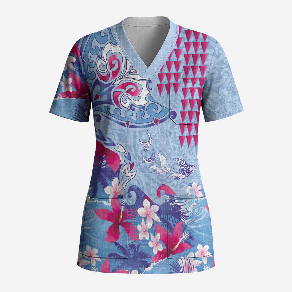 Hawaiian Tribal Manta Ray Scrub Top Kakau Tattoo and Flowers Surfing Waves Pattern Soft Color LT03 Adult Multicolor - Polynesian Pride