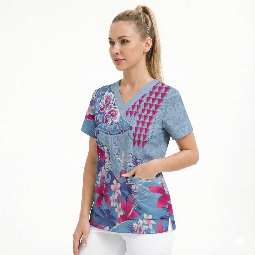 Hawaiian Tribal Manta Ray Scrub Top Kakau Tattoo and Flowers Surfing Waves Pattern Soft Color