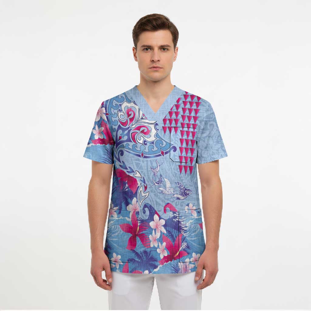 Hawaiian Tribal Manta Ray Scrub Top Kakau Tattoo and Flowers Surfing Waves Pattern Soft Color