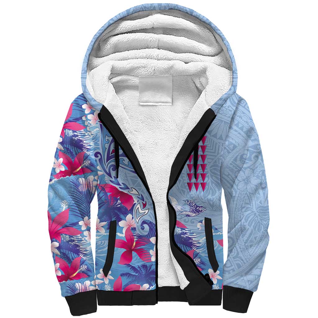 Hawaiian Tribal Manta Ray Sherpa Hoodie Kakau Tattoo and Flowers Surfing Waves Pattern Soft Color LT03 Unisex Multicolor - Polynesian Pride