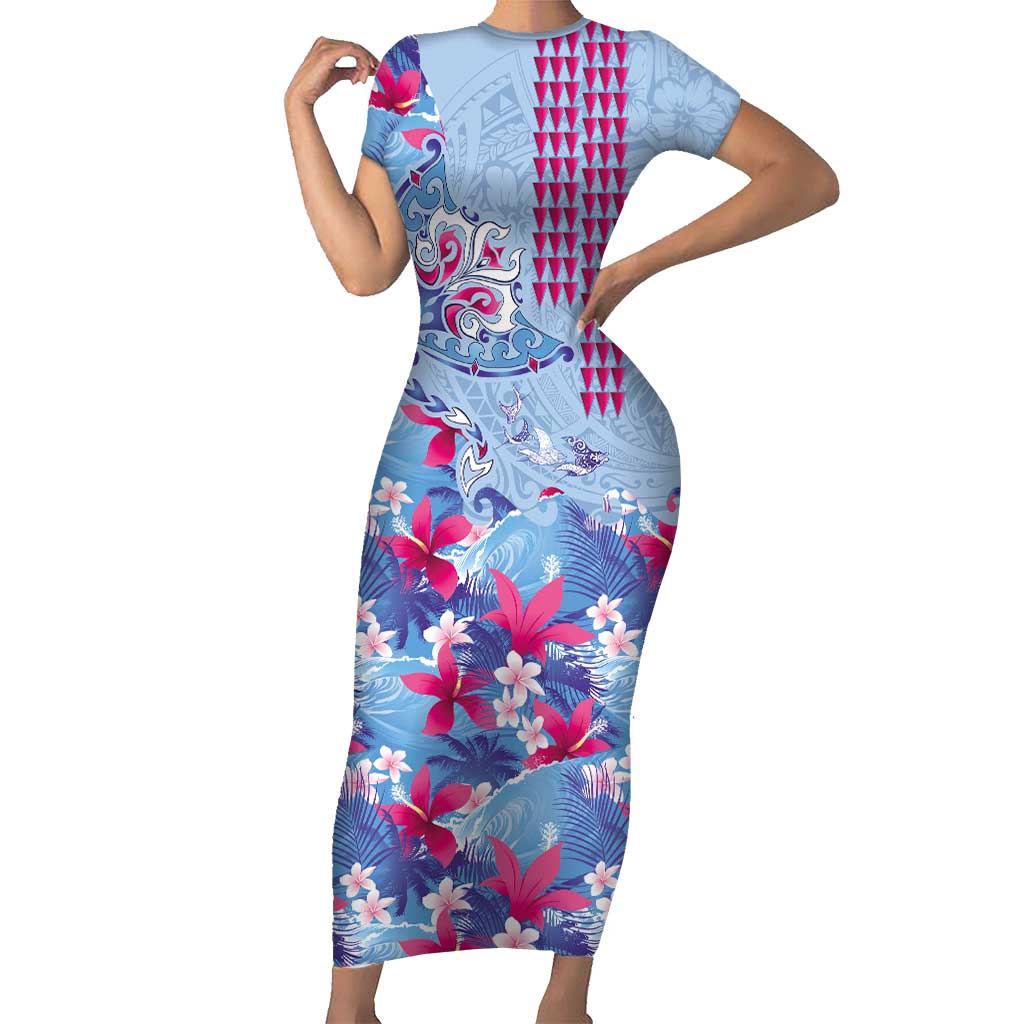 Hawaiian Tribal Manta Ray Short Sleeve Bodycon Dress Kakau Tattoo and Flowers Surfing Waves Pattern Soft Color LT03 Long Dress Multicolor - Polynesian Pride