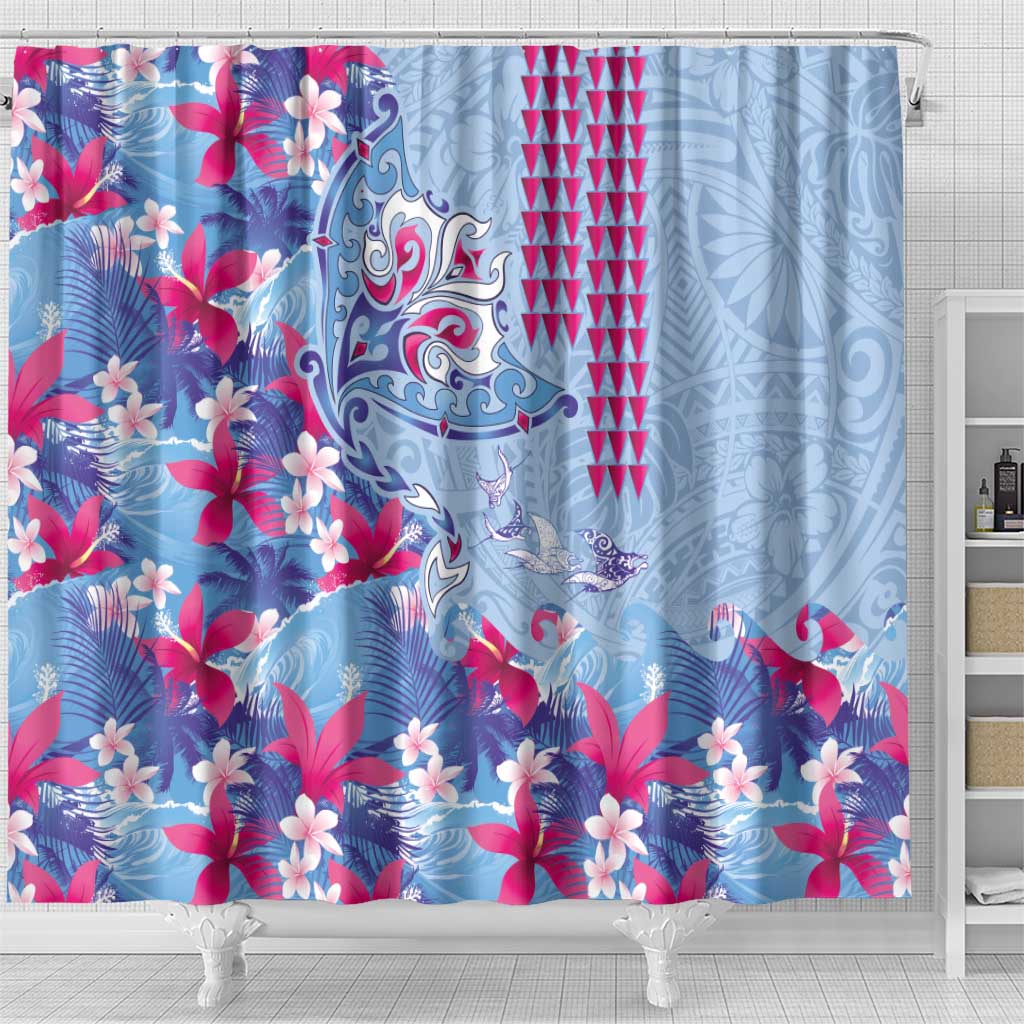 Hawaiian Tribal Manta Ray Shower Curtain Kakau Tattoo and Flowers Surfing Waves Pattern Soft Color LT03 - Polynesian Pride