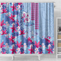 Hawaiian Tribal Manta Ray Shower Curtain Kakau Tattoo and Flowers Surfing Waves Pattern Soft Color LT03 - Polynesian Pride