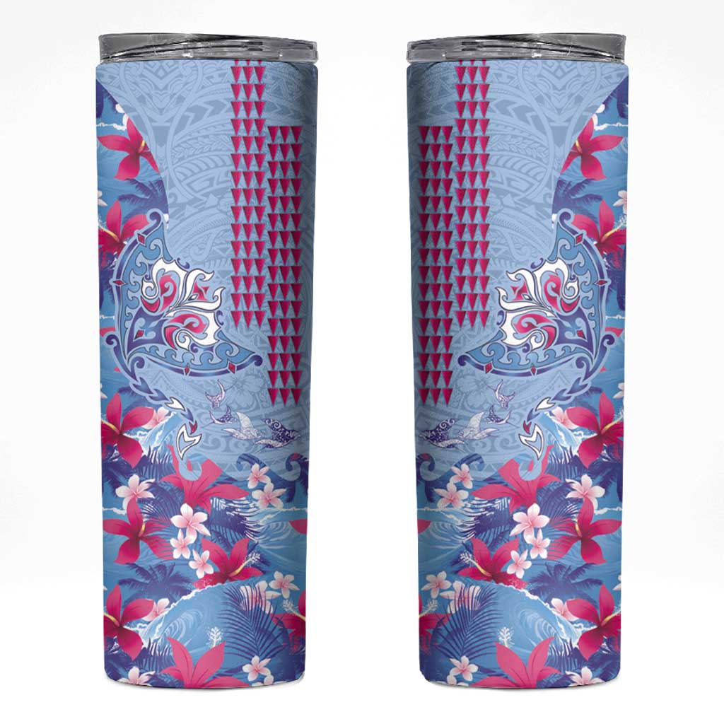 Hawaiian Tribal Manta Ray Skinny Tumbler Kakau Tattoo and Flowers Surfing Waves Pattern Soft Color LT03 Multicolor - Polynesian Pride