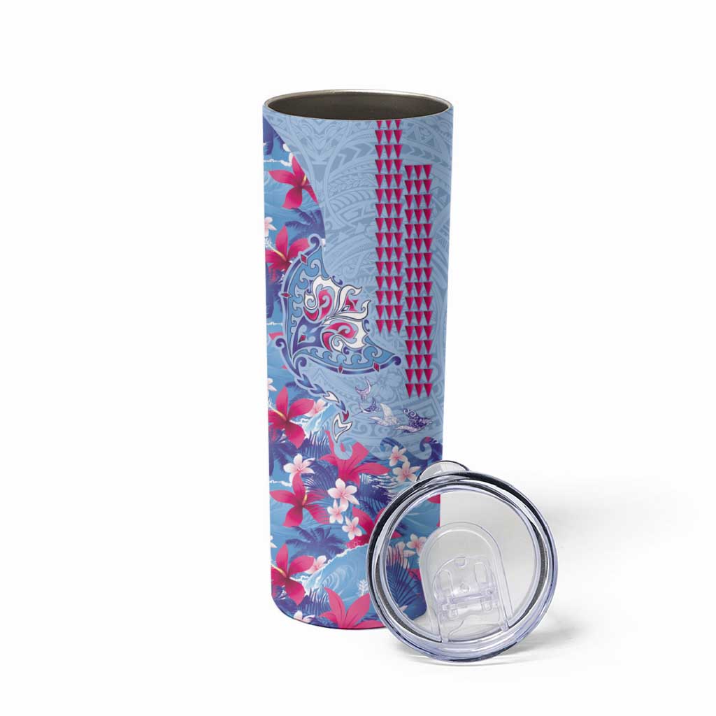 Hawaiian Tribal Manta Ray Skinny Tumbler Kakau Tattoo and Flowers Surfing Waves Pattern Soft Color