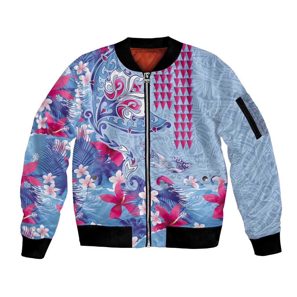 Hawaiian Tribal Manta Ray Sleeve Zip Bomber Jacket Kakau Tattoo and Flowers Surfing Waves Pattern Soft Color