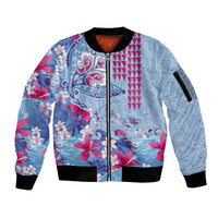 Hawaiian Tribal Manta Ray Sleeve Zip Bomber Jacket Kakau Tattoo and Flowers Surfing Waves Pattern Soft Color