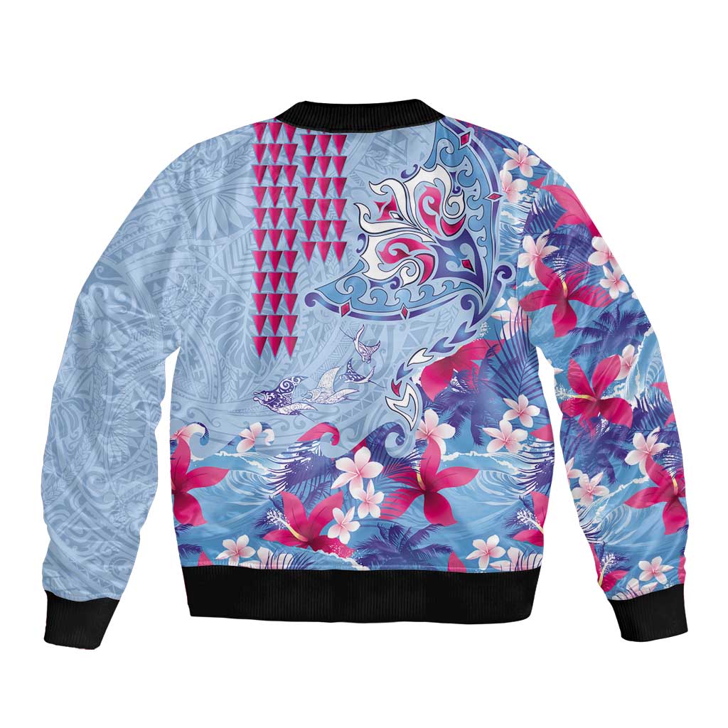 Hawaiian Tribal Manta Ray Sleeve Zip Bomber Jacket Kakau Tattoo and Flowers Surfing Waves Pattern Soft Color