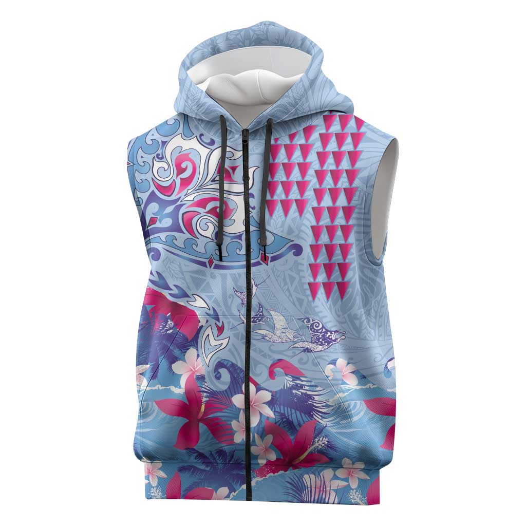 Hawaiian Tribal Manta Ray Sleeveless Zip Hoodie Kakau Tattoo and Flowers Surfing Waves Pattern Soft Color LT03 Multicolor - Polynesian Pride