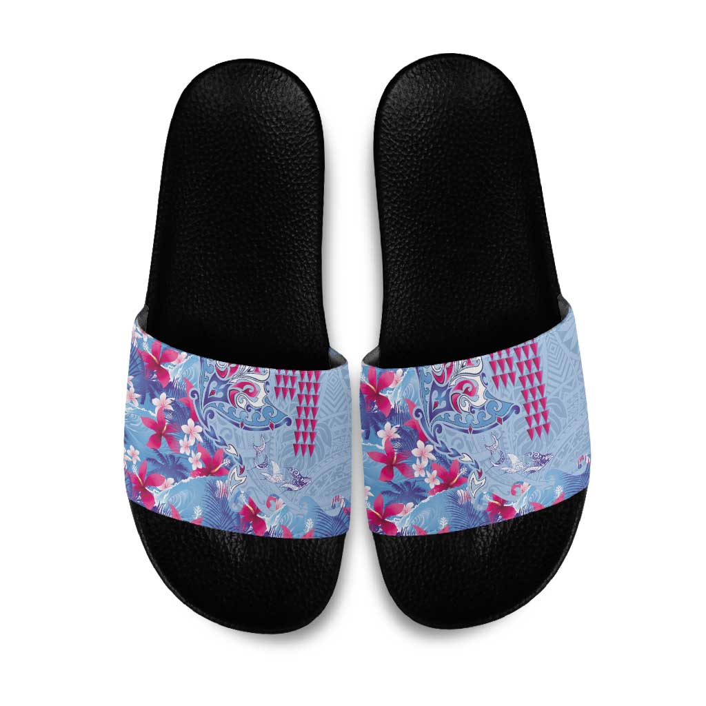Hawaiian Tribal Manta Ray Slide Sandals Kakau Tattoo and Flowers Surfing Waves Pattern Soft Color