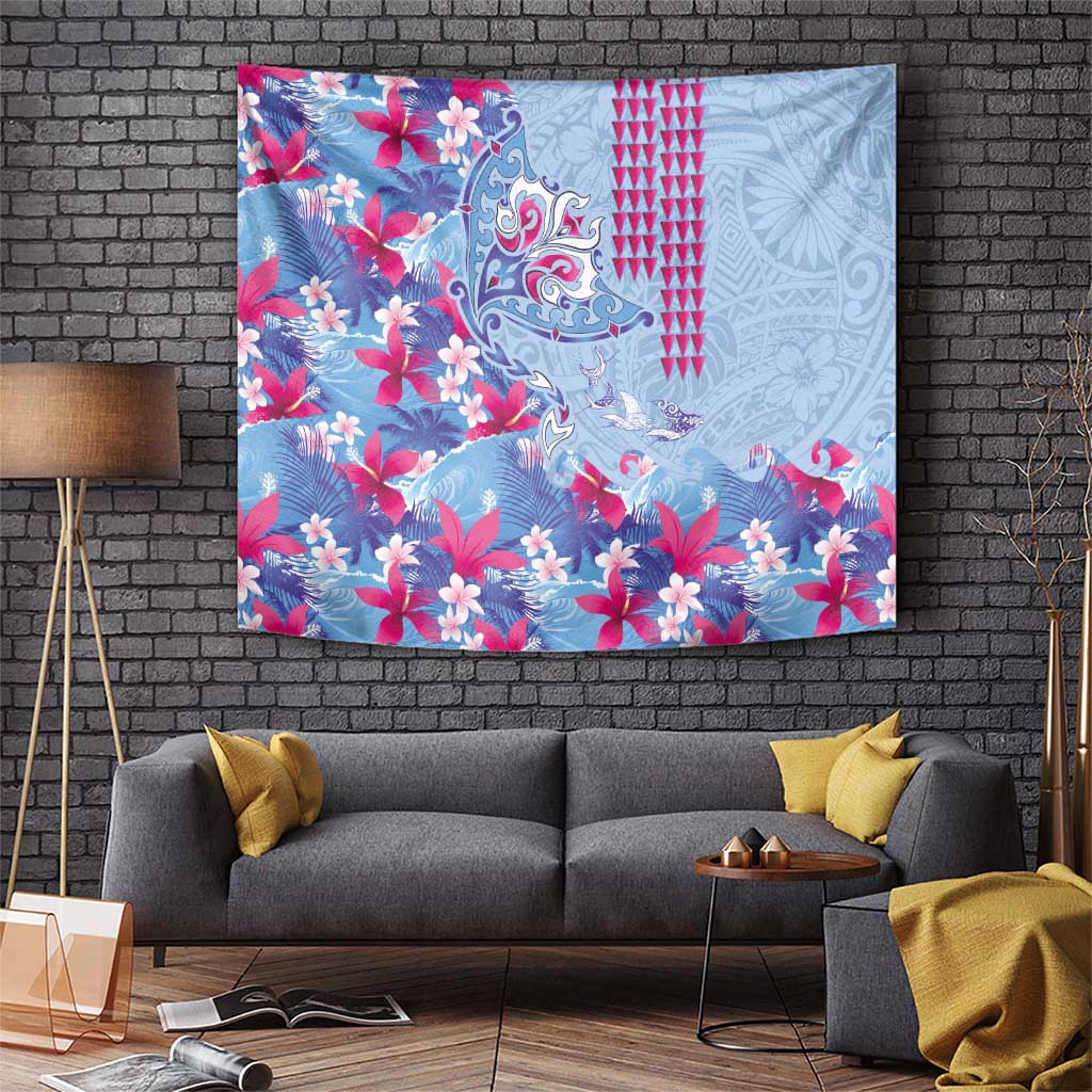 Hawaiian Tribal Manta Ray Tapestry Kakau Tattoo and Flowers Surfing Waves Pattern Soft Color