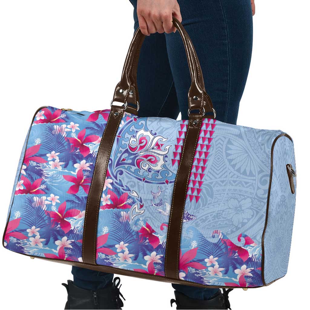 Hawaiian Tribal Manta Ray Travel Bag Kakau Tattoo and Flowers Surfing Waves Pattern Soft Color LT03 - Polynesian Pride