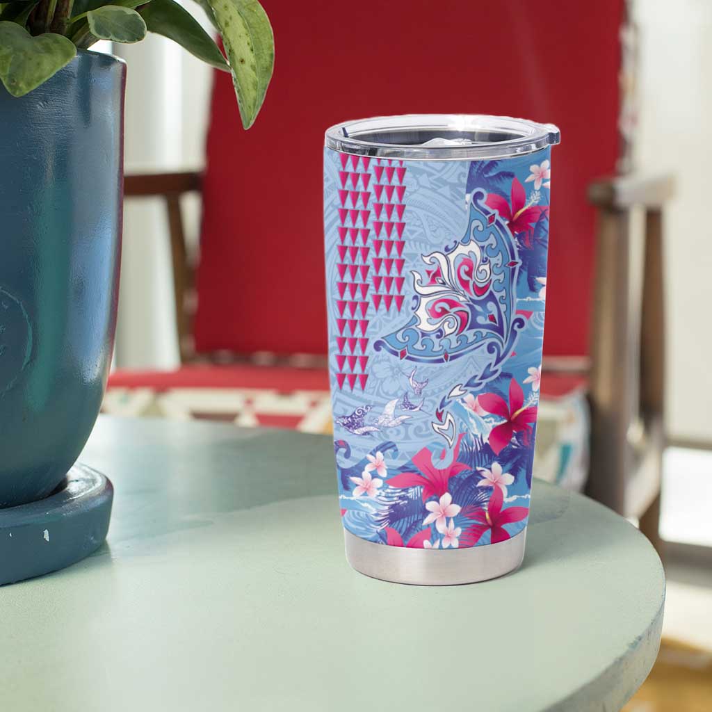Hawaiian Tribal Manta Ray Tumbler Cup Kakau Tattoo and Flowers Surfing Waves Pattern Soft Color
