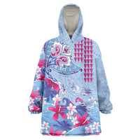 Hawaiian Tribal Manta Ray Wearable Blanket Hoodie Kakau Tattoo and Flowers Surfing Waves Pattern Soft Color LT03 One Size Multicolor - Polynesian Pride