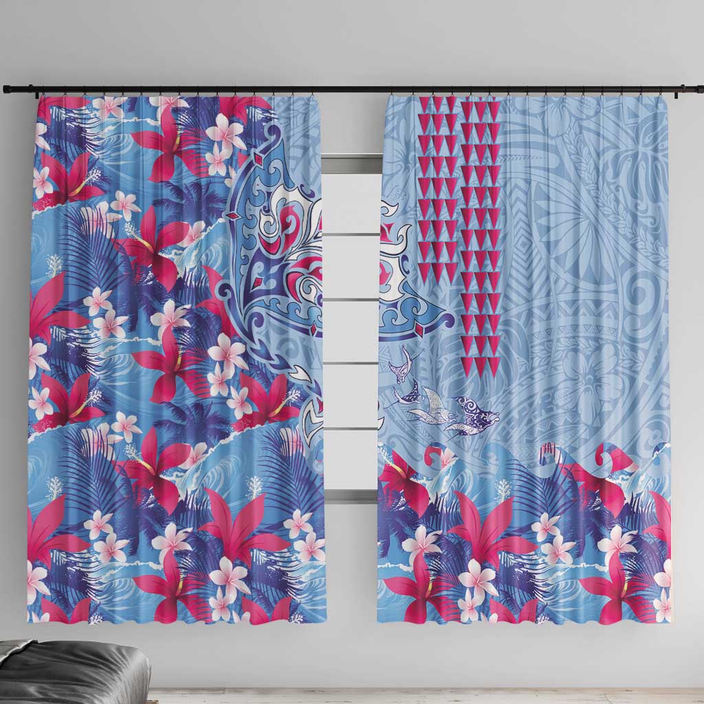 Hawaiian Tribal Manta Ray Window Curtain Kakau Tattoo and Flowers Surfing Waves Pattern Soft Color