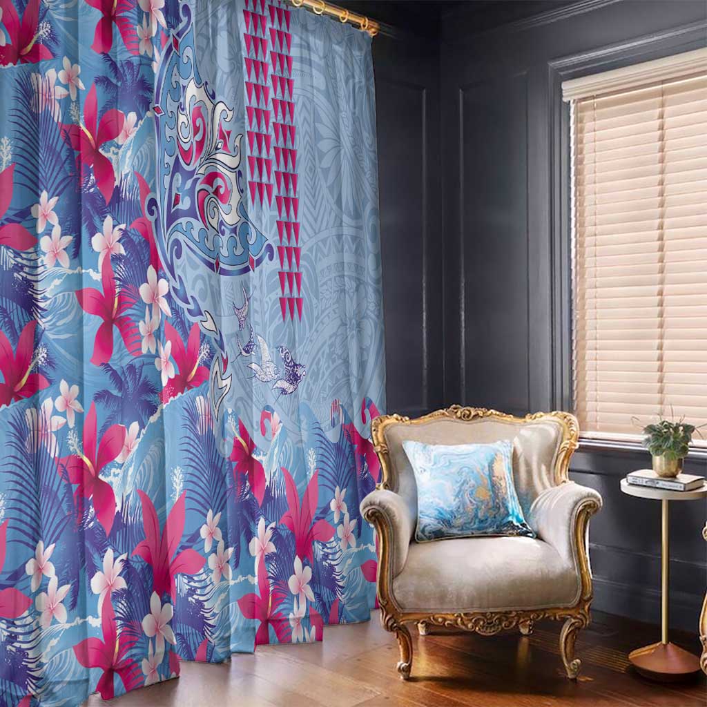 Hawaiian Tribal Manta Ray Window Curtain Kakau Tattoo and Flowers Surfing Waves Pattern Soft Color