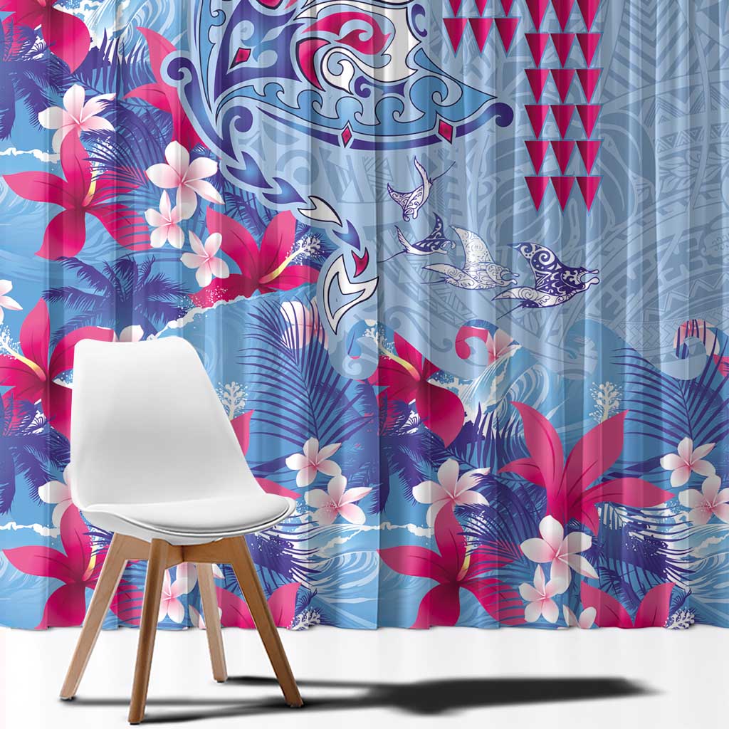 Hawaiian Tribal Manta Ray Window Curtain Kakau Tattoo and Flowers Surfing Waves Pattern Soft Color