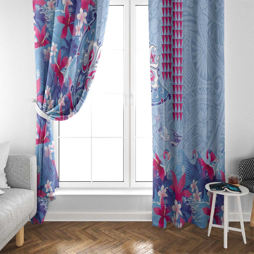 Hawaiian Tribal Manta Ray Window Curtain Kakau Tattoo and Flowers Surfing Waves Pattern Soft Color