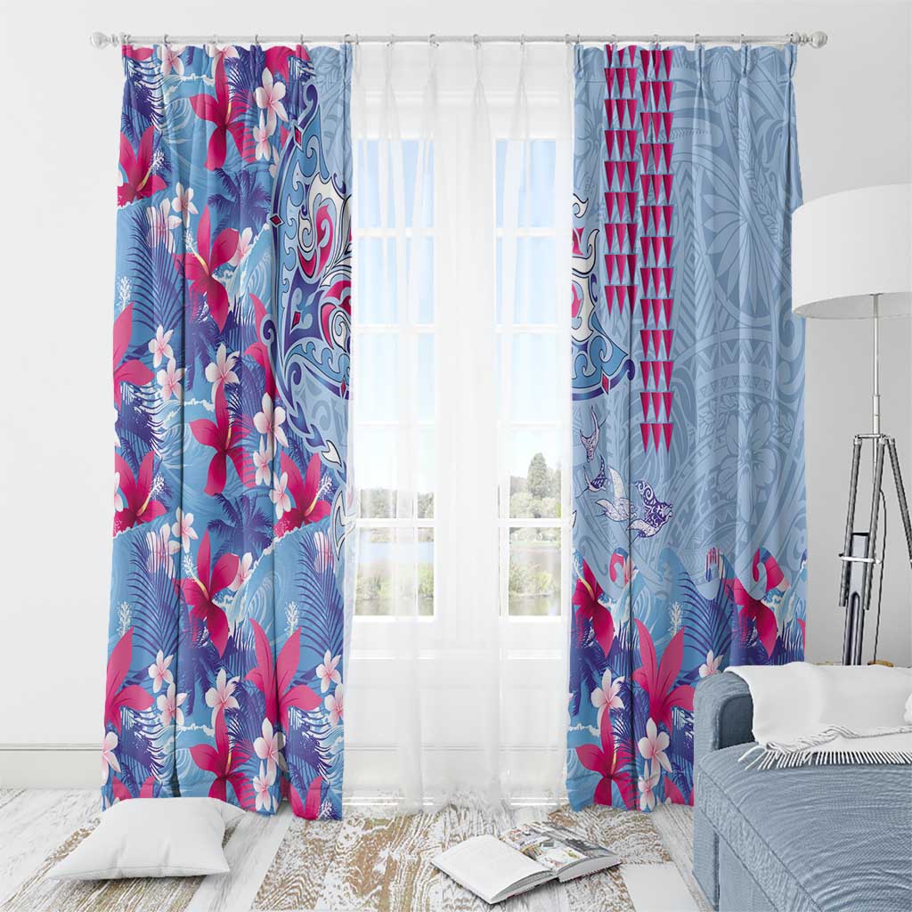 Hawaiian Tribal Manta Ray Window Curtain Kakau Tattoo and Flowers Surfing Waves Pattern Soft Color