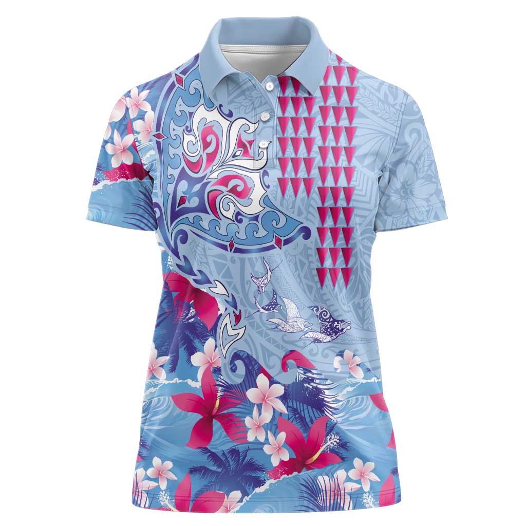 Hawaiian Tribal Manta Ray Women Polo Shirt Kakau Tattoo and Flowers Surfing Waves Pattern Soft Color