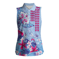 Hawaiian Tribal Manta Ray Women Sleeveless Polo Shirt Kakau Tattoo and Flowers Surfing Waves Pattern Soft Color