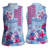 Hawaiian Tribal Manta Ray Women Sleeveless Polo Shirt Kakau Tattoo and Flowers Surfing Waves Pattern Soft Color