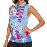 Hawaiian Tribal Manta Ray Women Sleeveless Polo Shirt Kakau Tattoo and Flowers Surfing Waves Pattern Soft Color