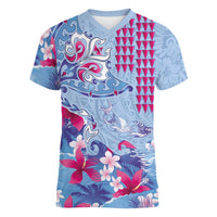 Hawaiian Tribal Manta Ray Women V-Neck T-Shirt Kakau Tattoo and Flowers Surfing Waves Pattern Soft Color