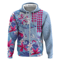 Hawaiian Tribal Manta Ray Zip Hoodie Kakau Tattoo and Flowers Surfing Waves Pattern Soft Color LT03 Zip Hoodie Multicolor - Polynesian Pride