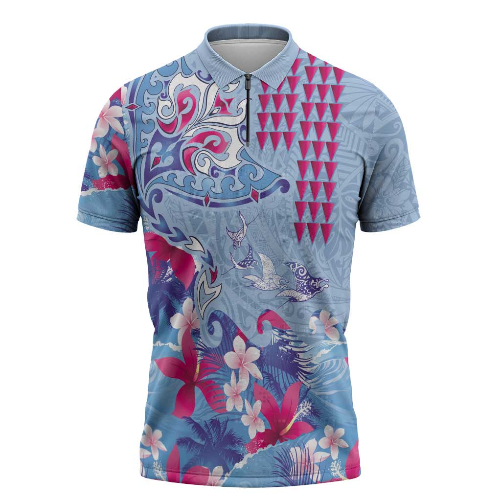 Hawaiian Tribal Manta Ray Zipper Polo Shirt Kakau Tattoo and Flowers Surfing Waves Pattern Soft Color LT03 Multicolor - Polynesian Pride
