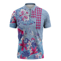 Hawaiian Tribal Manta Ray Zipper Polo Shirt Kakau Tattoo and Flowers Surfing Waves Pattern Soft Color LT03 Multicolor - Polynesian Pride