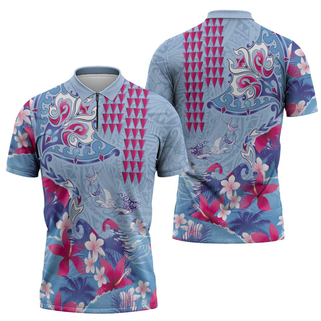 Hawaiian Tribal Manta Ray Zipper Polo Shirt Kakau Tattoo and Flowers Surfing Waves Pattern Soft Color LT03 - Polynesian Pride