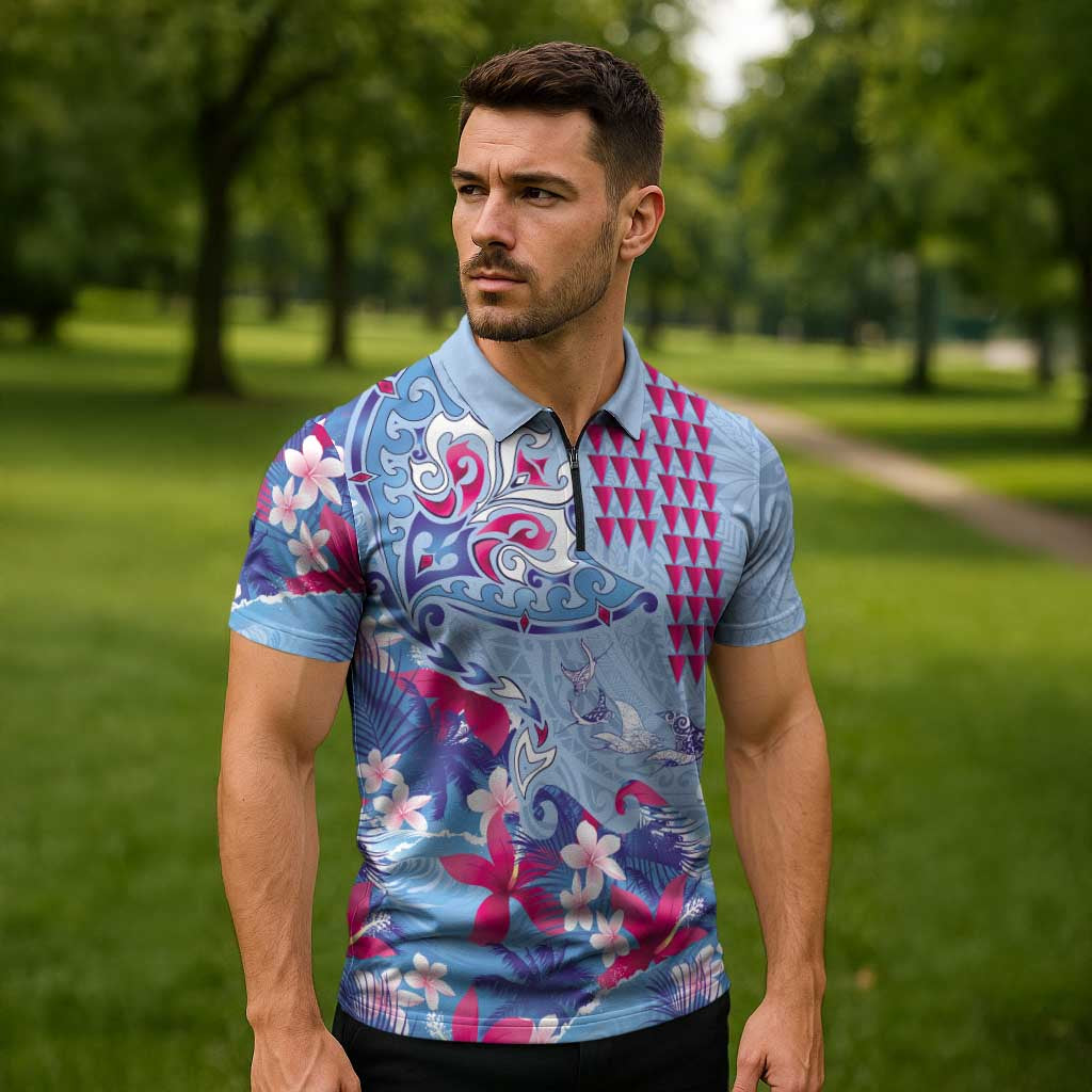 Hawaiian Tribal Manta Ray Zipper Polo Shirt Kakau Tattoo and Flowers Surfing Waves Pattern Soft Color LT03 - Polynesian Pride