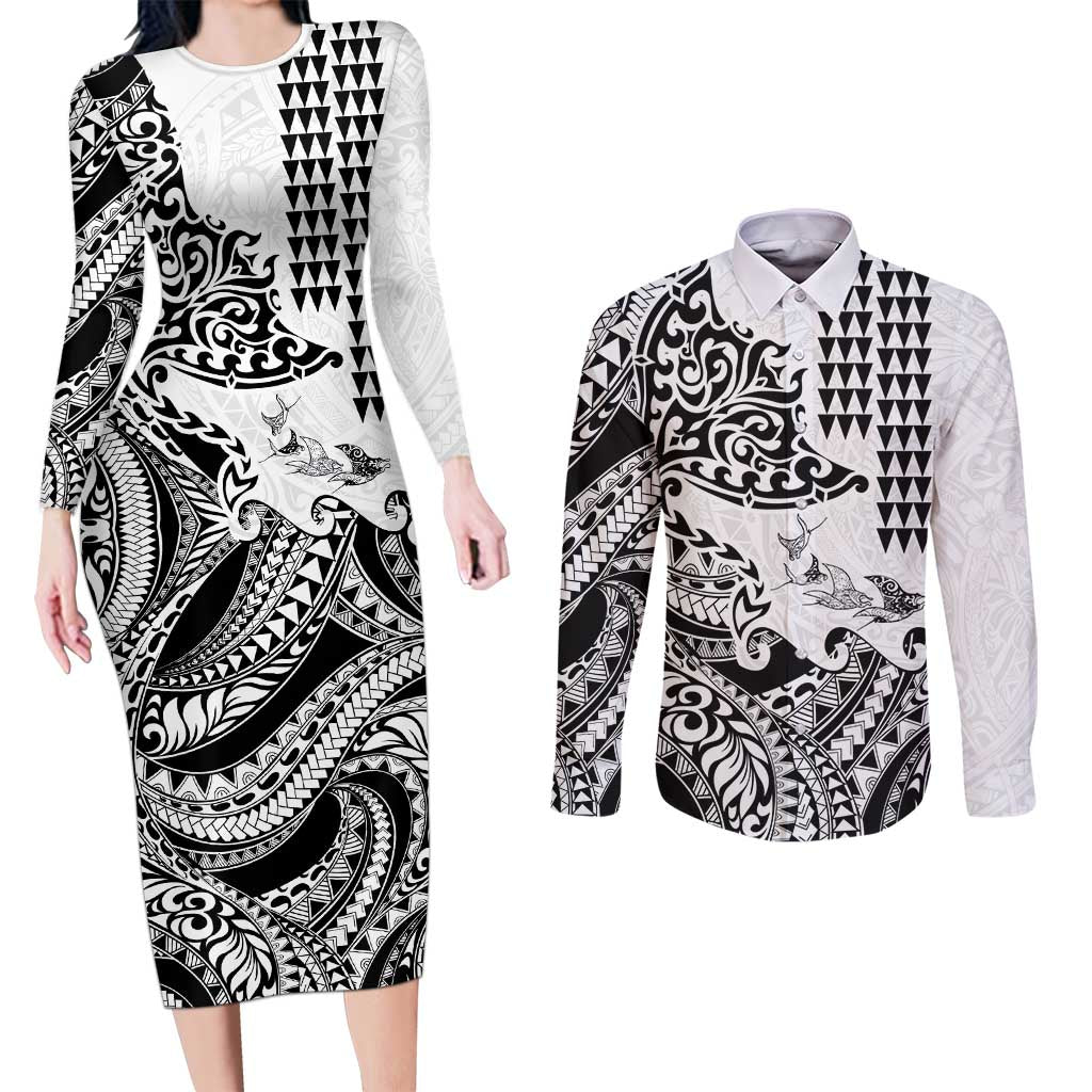 Hawaiian Tribal Manta Ray Couples Matching Long Sleeve Bodycon Dress and Long Sleeve Button Shirt Kakau Tattoo and Polynesian Art Motif Pattern
