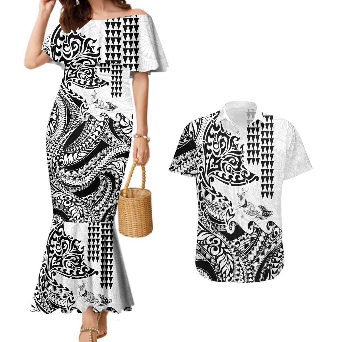 Hawaiian Tribal Manta Ray Couples Matching Mermaid Dress and Hawaiian Shirt Kakau Tattoo and Polynesian Art Motif Pattern LT03 Multicolor - Polynesian Pride