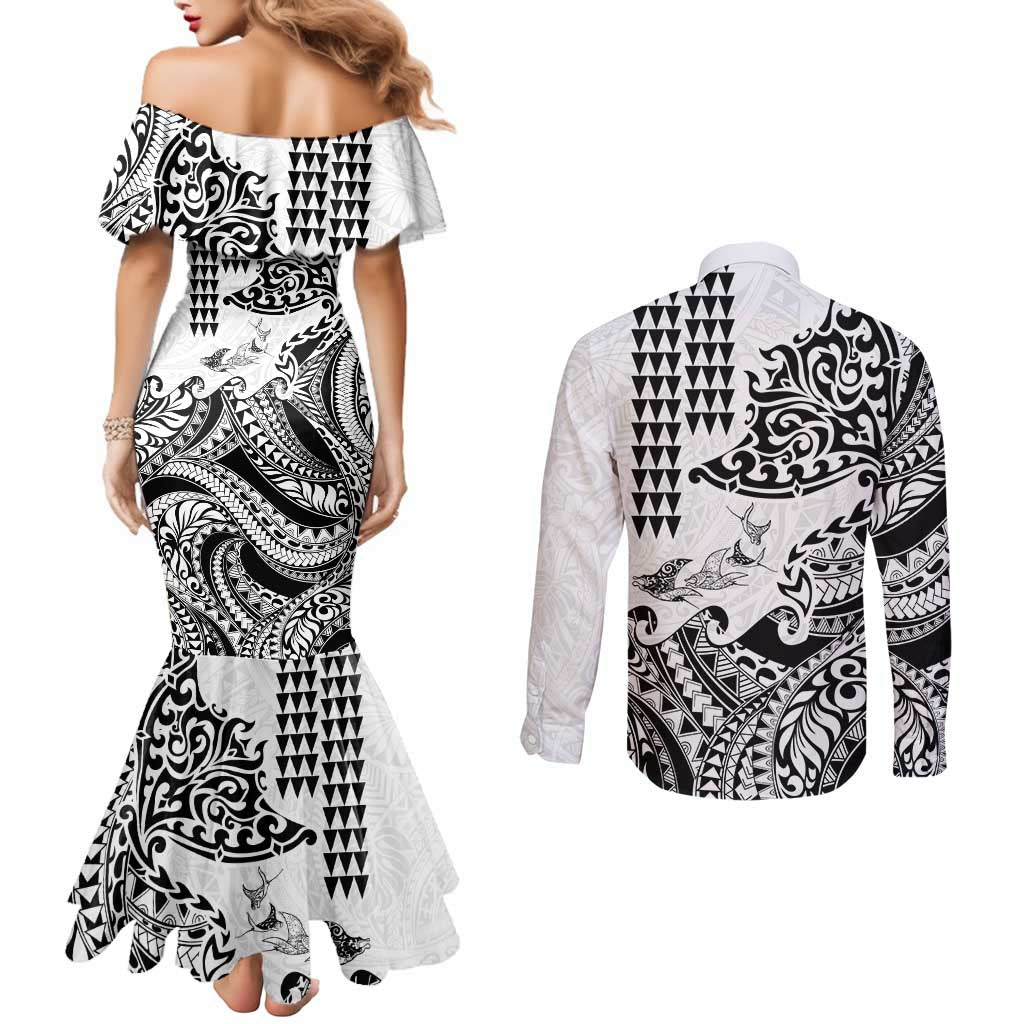 Hawaiian Tribal Manta Ray Couples Matching Mermaid Dress and Long Sleeve Button Shirt Kakau Tattoo and Polynesian Art Motif Pattern