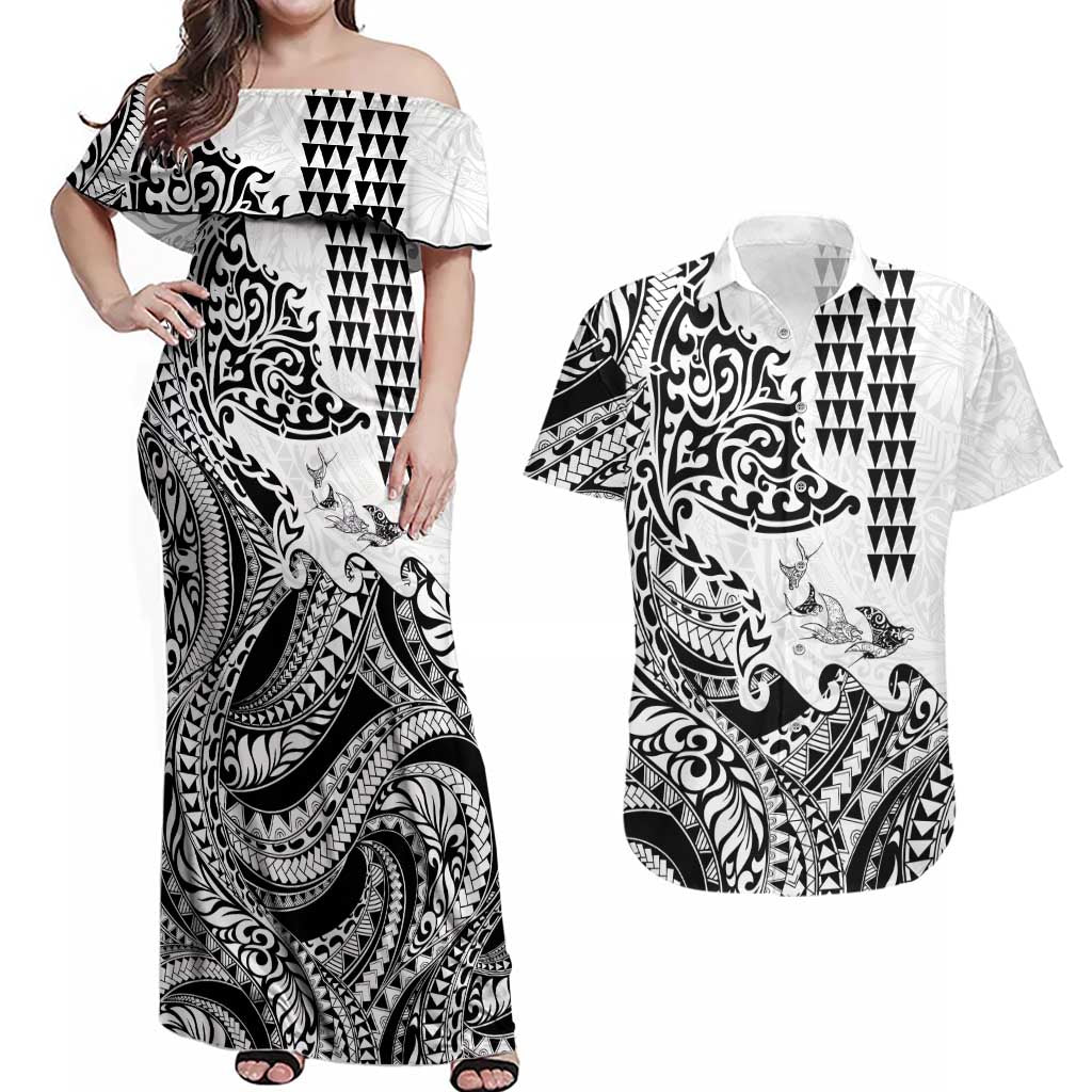 Hawaiian Tribal Manta Ray Couples Matching Off Shoulder Maxi Dress and Hawaiian Shirt Kakau Tattoo and Polynesian Art Motif Pattern