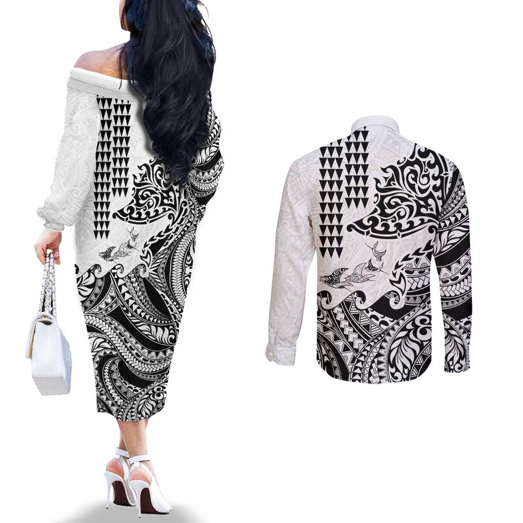 Hawaiian Tribal Manta Ray Couples Matching Off The Shoulder Long Sleeve Dress and Long Sleeve Button Shirt Kakau Tattoo and Polynesian Art Motif Pattern