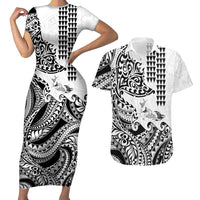 Hawaiian Tribal Manta Ray Couples Matching Short Sleeve Bodycon Dress and Hawaiian Shirt Kakau Tattoo and Polynesian Art Motif Pattern LT03 Multicolor - Polynesian Pride