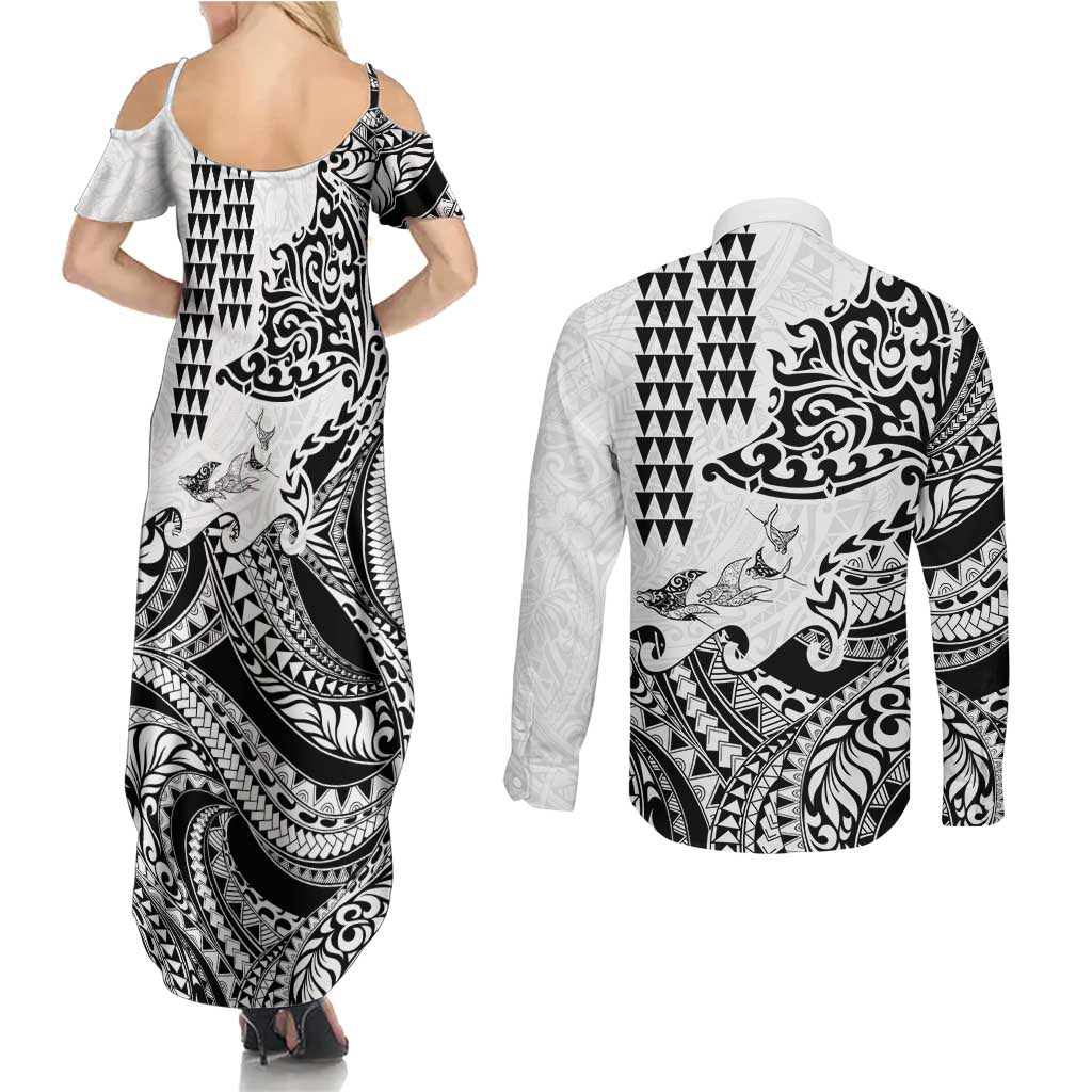 Hawaiian Tribal Manta Ray Couples Matching Summer Maxi Dress and Long Sleeve Button Shirt Kakau Tattoo and Polynesian Art Motif Pattern LT03 - Polynesian Pride