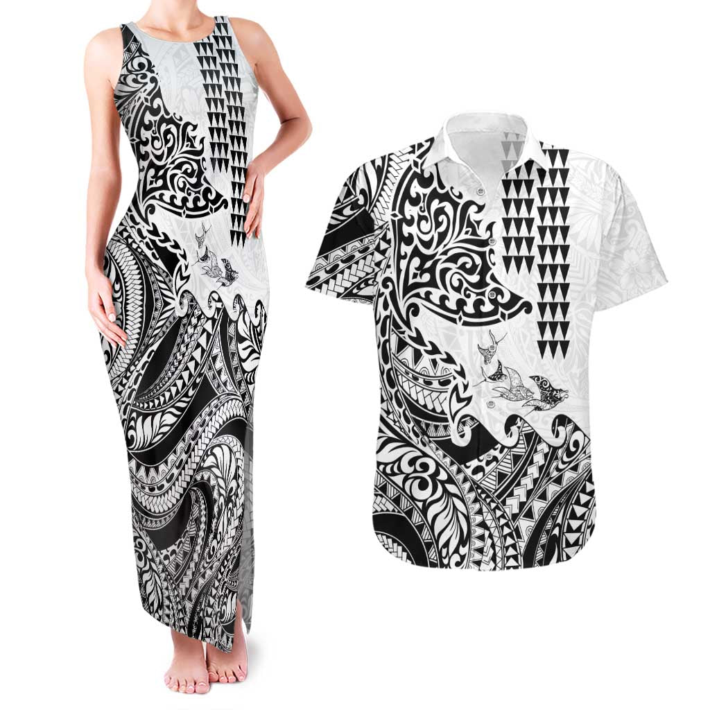 Hawaiian Tribal Manta Ray Couples Matching Tank Maxi Dress and Hawaiian Shirt Kakau Tattoo and Polynesian Art Motif Pattern