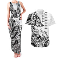 Hawaiian Tribal Manta Ray Couples Matching Tank Maxi Dress and Hawaiian Shirt Kakau Tattoo and Polynesian Art Motif Pattern