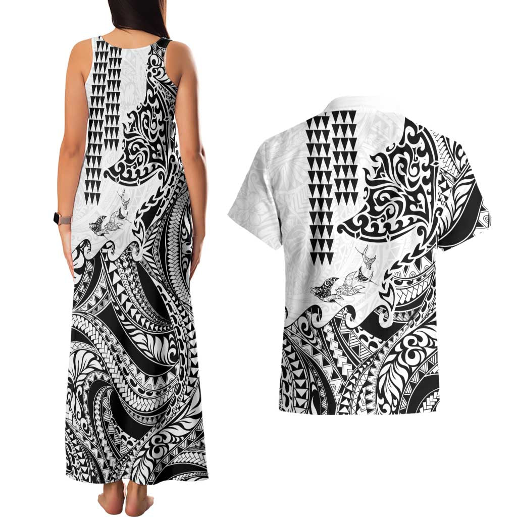 Hawaiian Tribal Manta Ray Couples Matching Tank Maxi Dress and Hawaiian Shirt Kakau Tattoo and Polynesian Art Motif Pattern