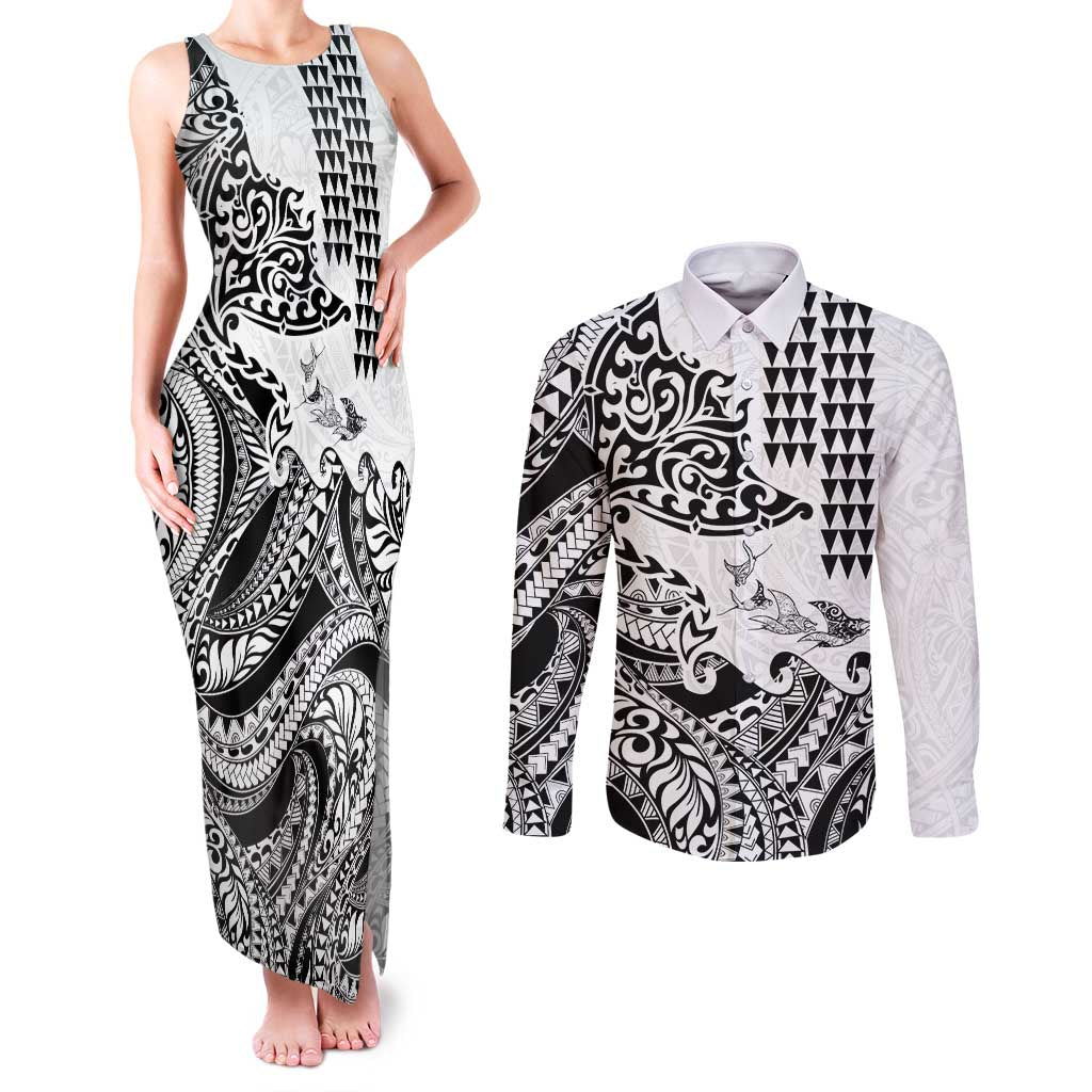 Hawaiian Tribal Manta Ray Couples Matching Tank Maxi Dress and Long Sleeve Button Shirt Kakau Tattoo and Polynesian Art Motif Pattern