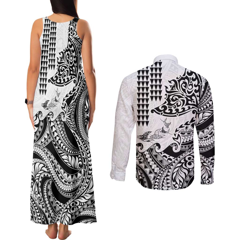 Hawaiian Tribal Manta Ray Couples Matching Tank Maxi Dress and Long Sleeve Button Shirt Kakau Tattoo and Polynesian Art Motif Pattern