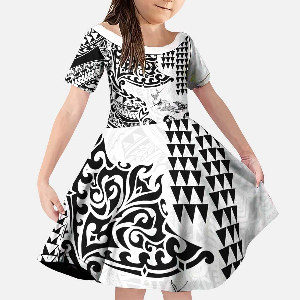Hawaiian Tribal Manta Ray Family Matching Mermaid Dress and Hawaiian Shirt Kakau Tattoo and Polynesian Art Motif Pattern LT03 Daughter's Dress Multicolor - Polynesian Pride
