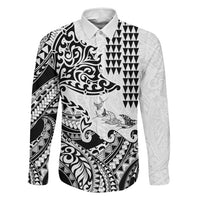 Hawaiian Tribal Manta Ray Family Matching Mermaid Dress and Hawaiian Shirt Kakau Tattoo and Polynesian Art Motif Pattern LT03 Dad's Shirt - Long Sleeve Multicolor - Polynesian Pride