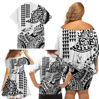 Hawaiian Tribal Manta Ray Family Matching Off Shoulder Short Dress and Hawaiian Shirt Kakau Tattoo and Polynesian Art Motif Pattern LT03 - Polynesian Pride