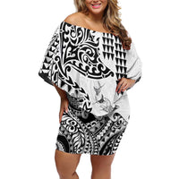 Hawaiian Tribal Manta Ray Family Matching Off Shoulder Short Dress and Hawaiian Shirt Kakau Tattoo and Polynesian Art Motif Pattern LT03 Mom's Dress Multicolor - Polynesian Pride